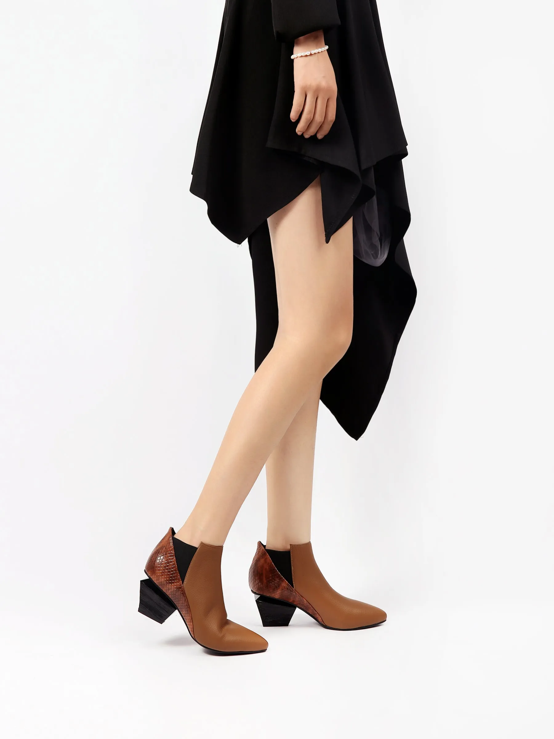 Diamond Heel Leather Ankle Bootie - Brown