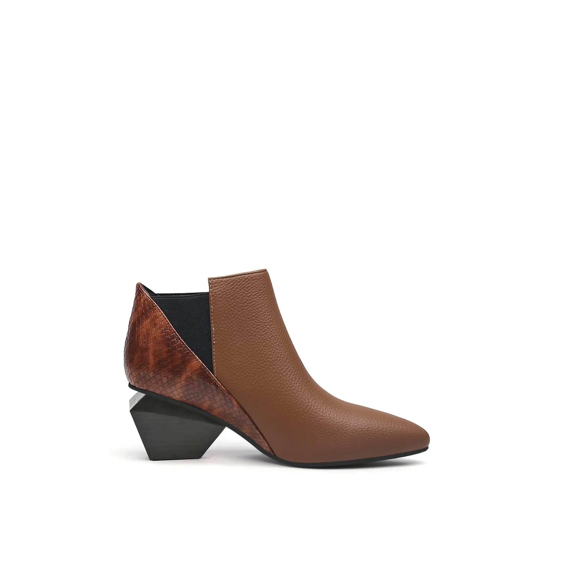 Diamond Heel Leather Ankle Bootie - Brown