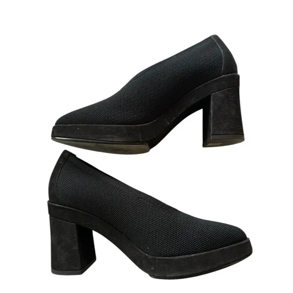 Eileen Fisher Signy Pumps 5.5 Black EUC Block Heels Comfort Travel Knit Capsule