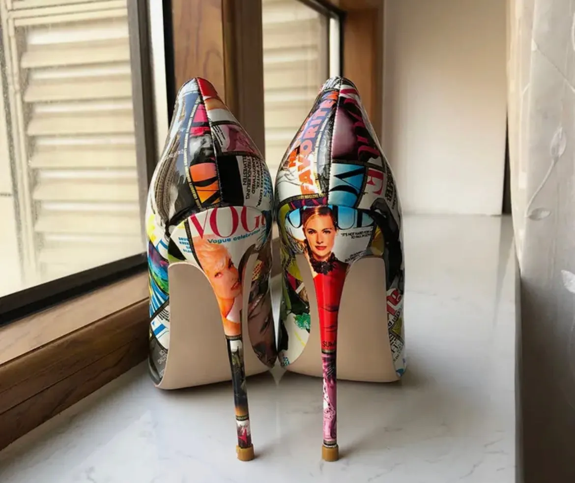 Emily Magazine Print Heels - UK size 2