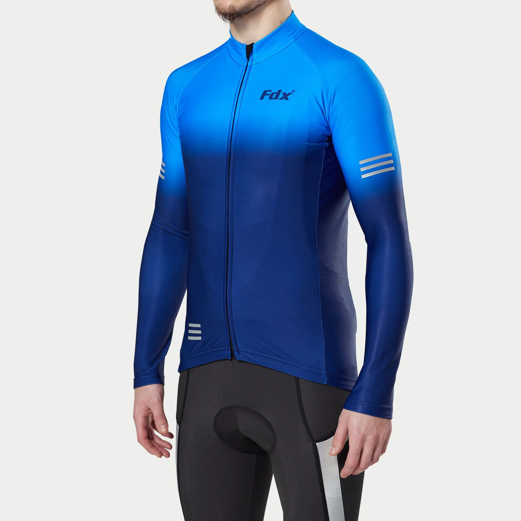 Fdx Men's & Boy's Set Duo Thermal Roubaix Long Sleeve Cycling Jersey & Bib Tights - Blue / Navy Blue