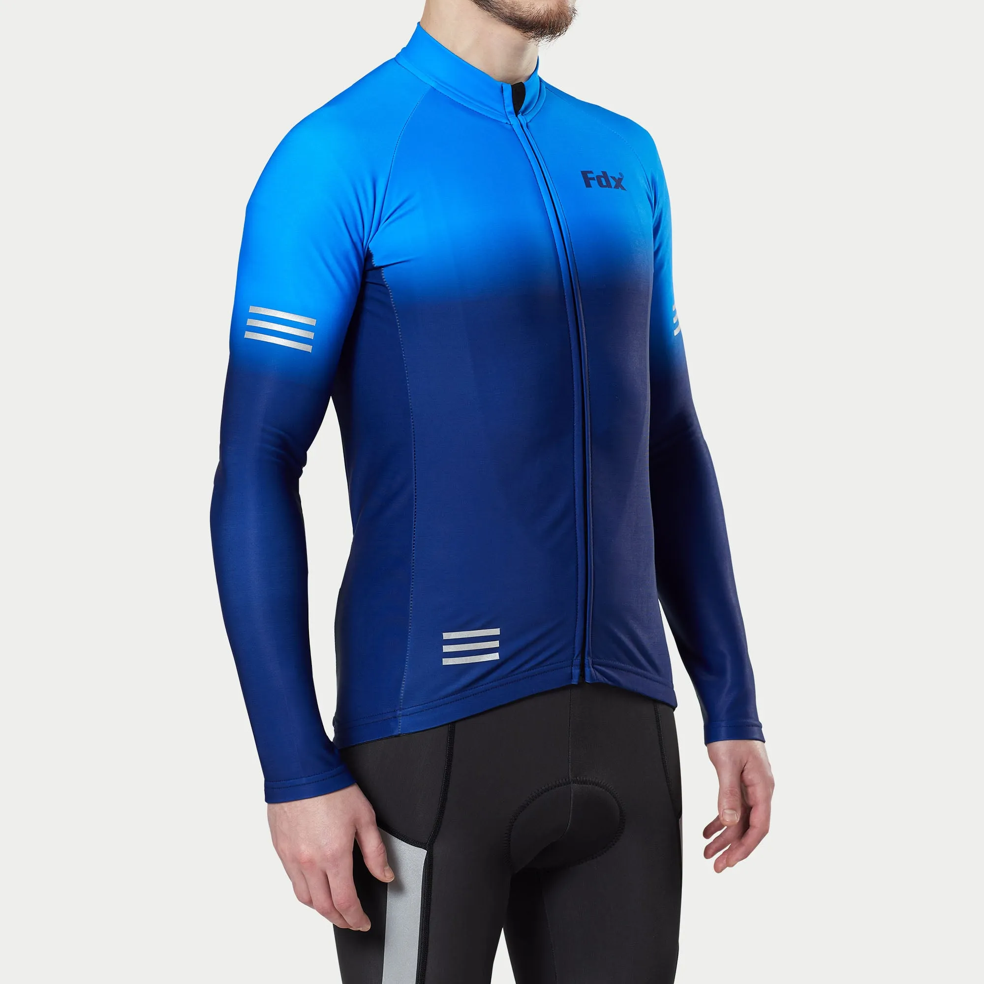 Fdx Men's & Boy's Set Duo Thermal Roubaix Long Sleeve Cycling Jersey & Bib Tights - Blue / Navy Blue