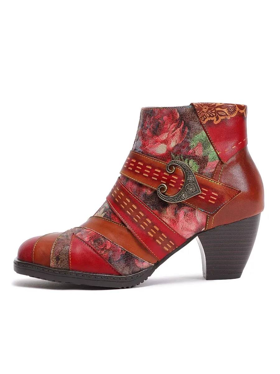 Floral Frosted Man-Craft Leather Ankle Boots