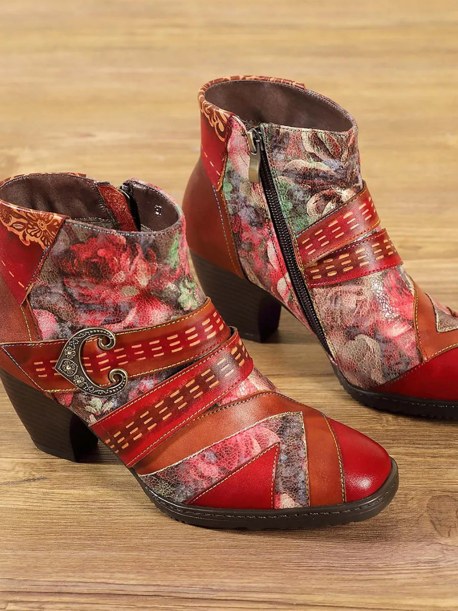 Floral Frosted Man-Craft Leather Ankle Boots