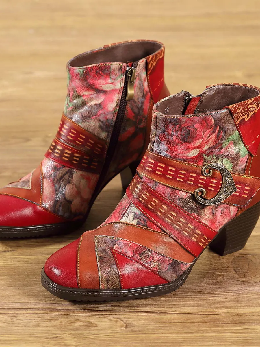 Floral Frosted Man-Craft Leather Ankle Boots
