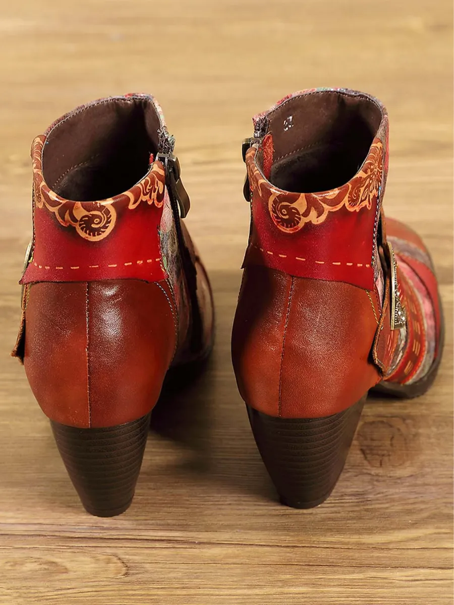 Floral Frosted Man-Craft Leather Ankle Boots