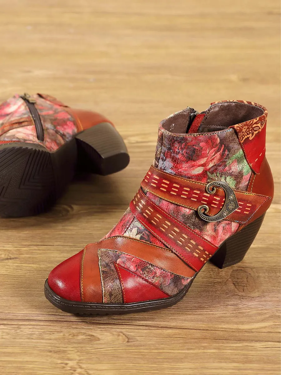 Floral Frosted Man-Craft Leather Ankle Boots