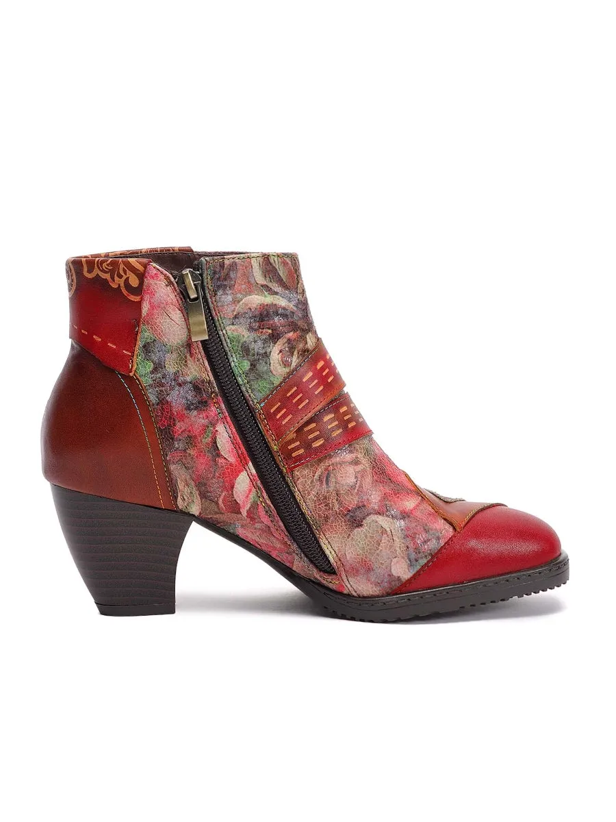 Floral Frosted Man-Craft Leather Ankle Boots