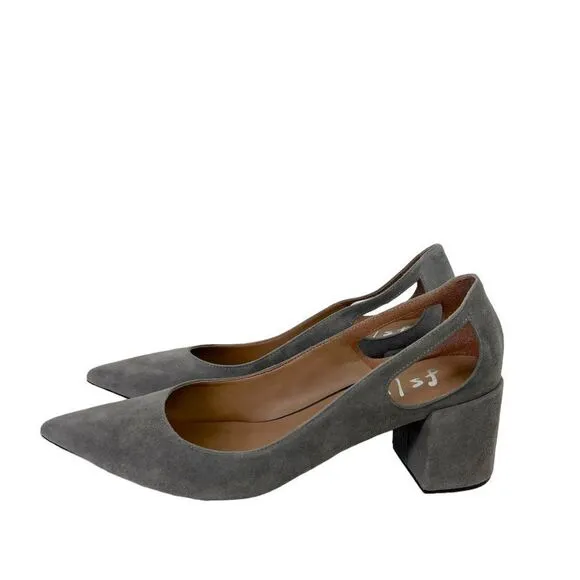 French Sole FS/NY Gray Suede Low Block Heel Pumps w/ Cutouts, Size EU 41.5 US 10