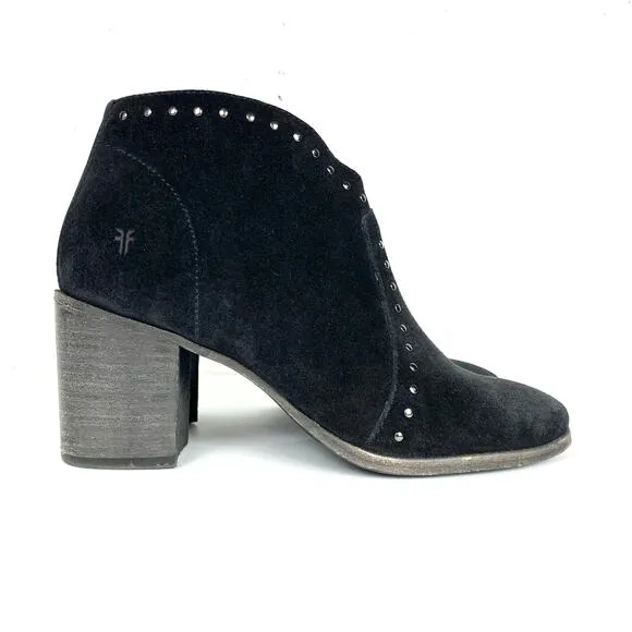 Frye Womens Nora Stud Side Zip Ankle Booties Black Suede Chunky Heel Size 7