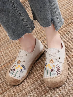 Garden Embroidered Linen Boat Shoes Espadrilles - Beige