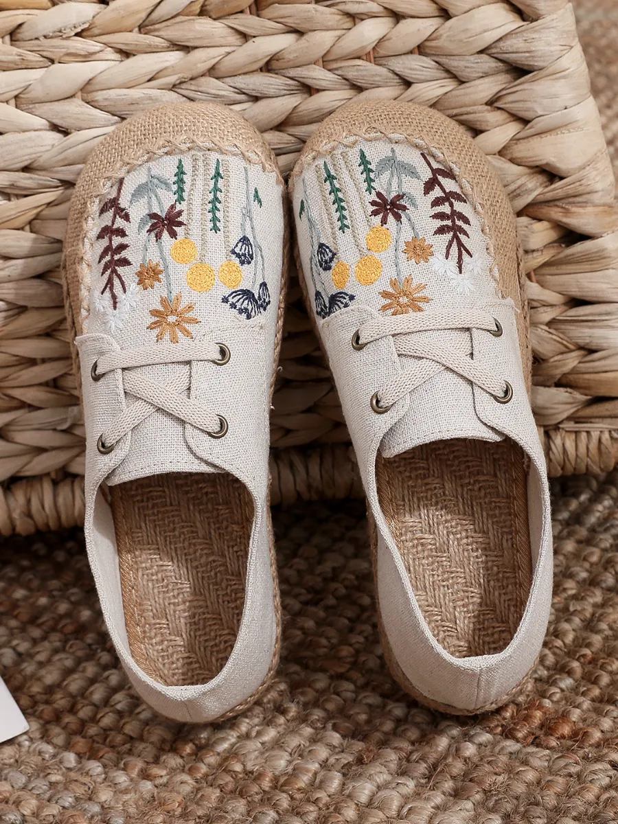Garden Embroidered Linen Boat Shoes Espadrilles - Beige