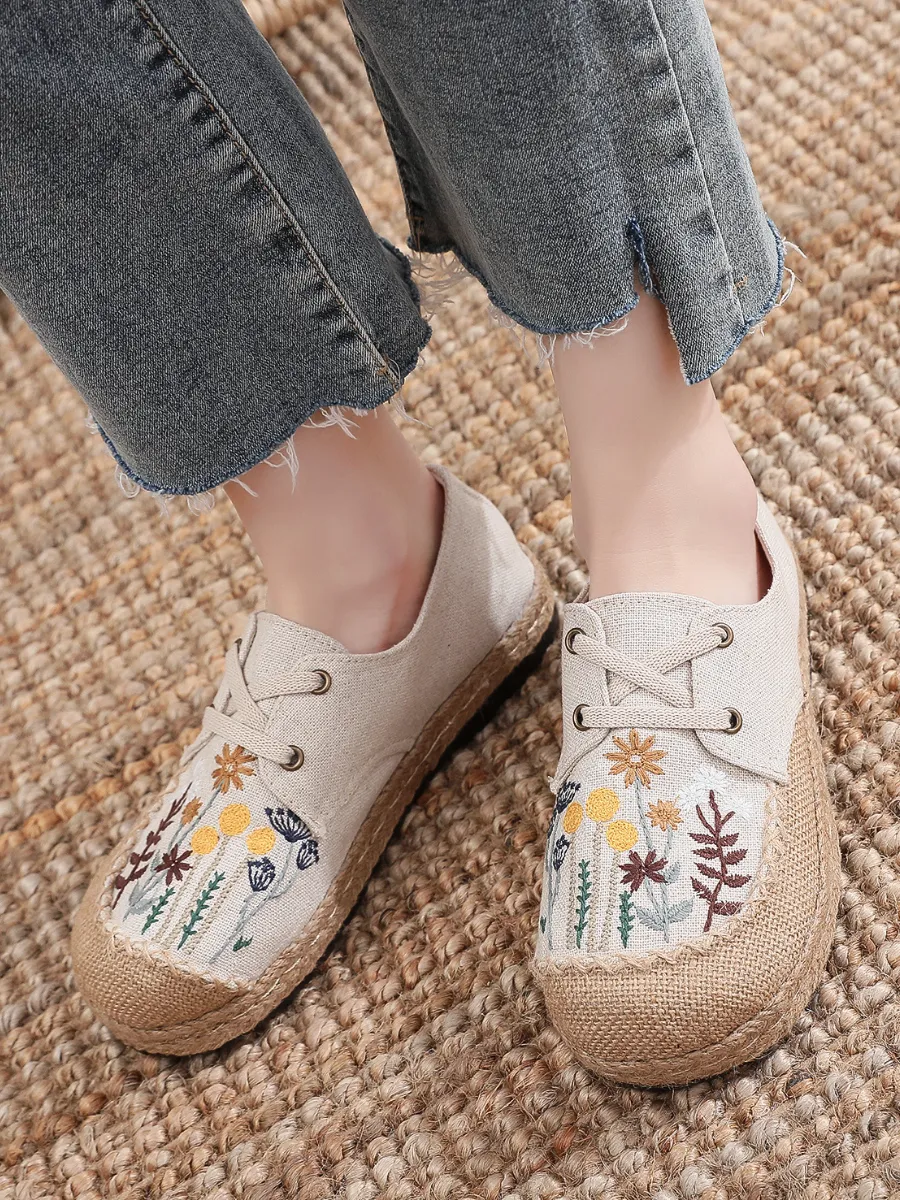 Garden Embroidered Linen Boat Shoes Espadrilles - Beige