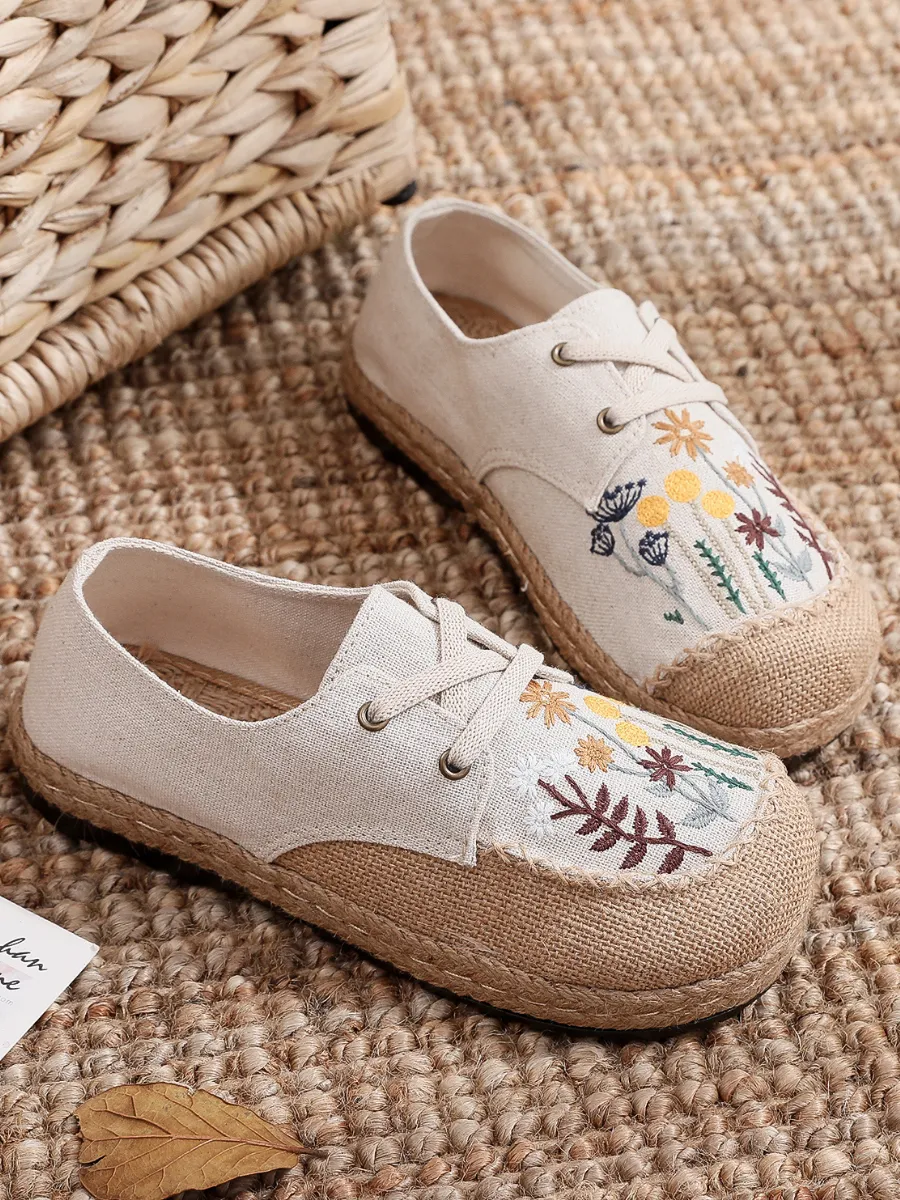 Garden Embroidered Linen Boat Shoes Espadrilles - Beige