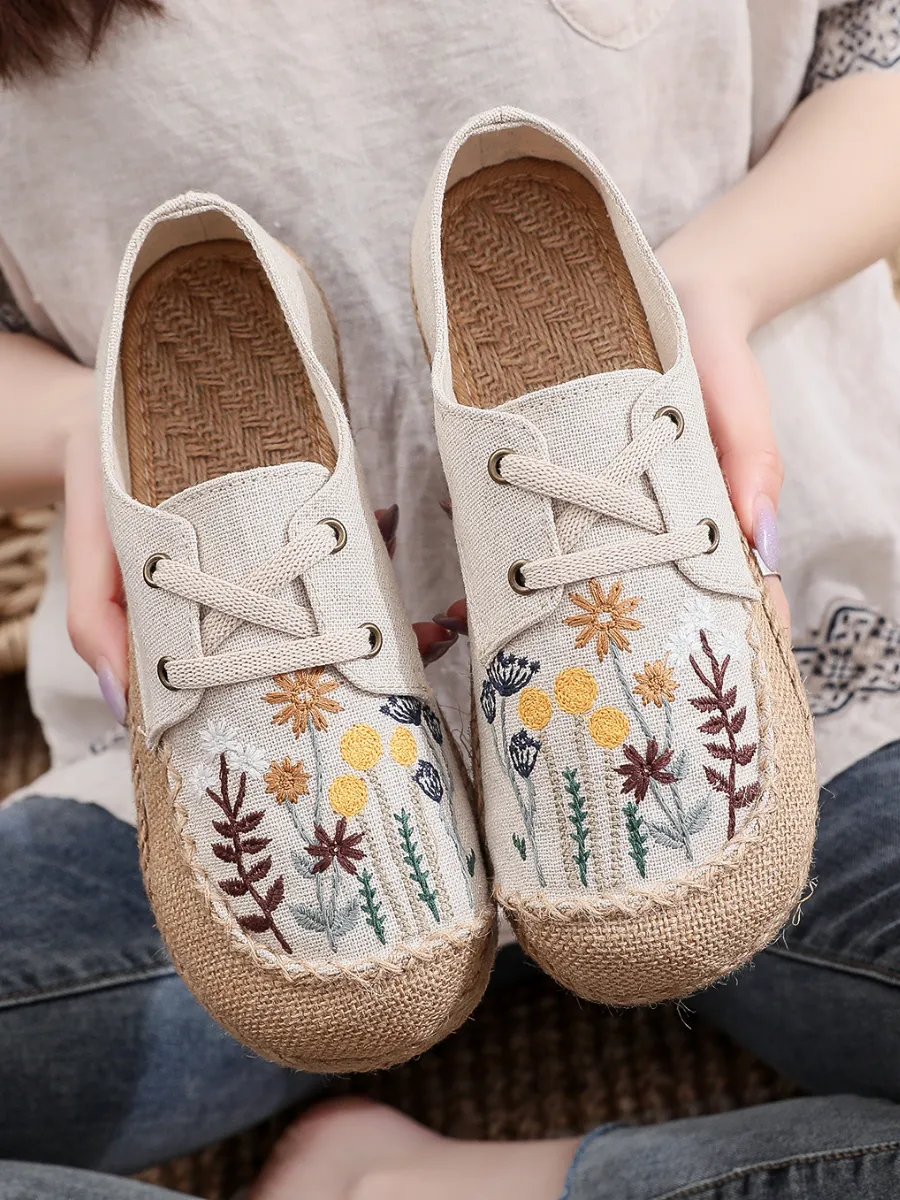Garden Embroidered Linen Boat Shoes Espadrilles - Beige