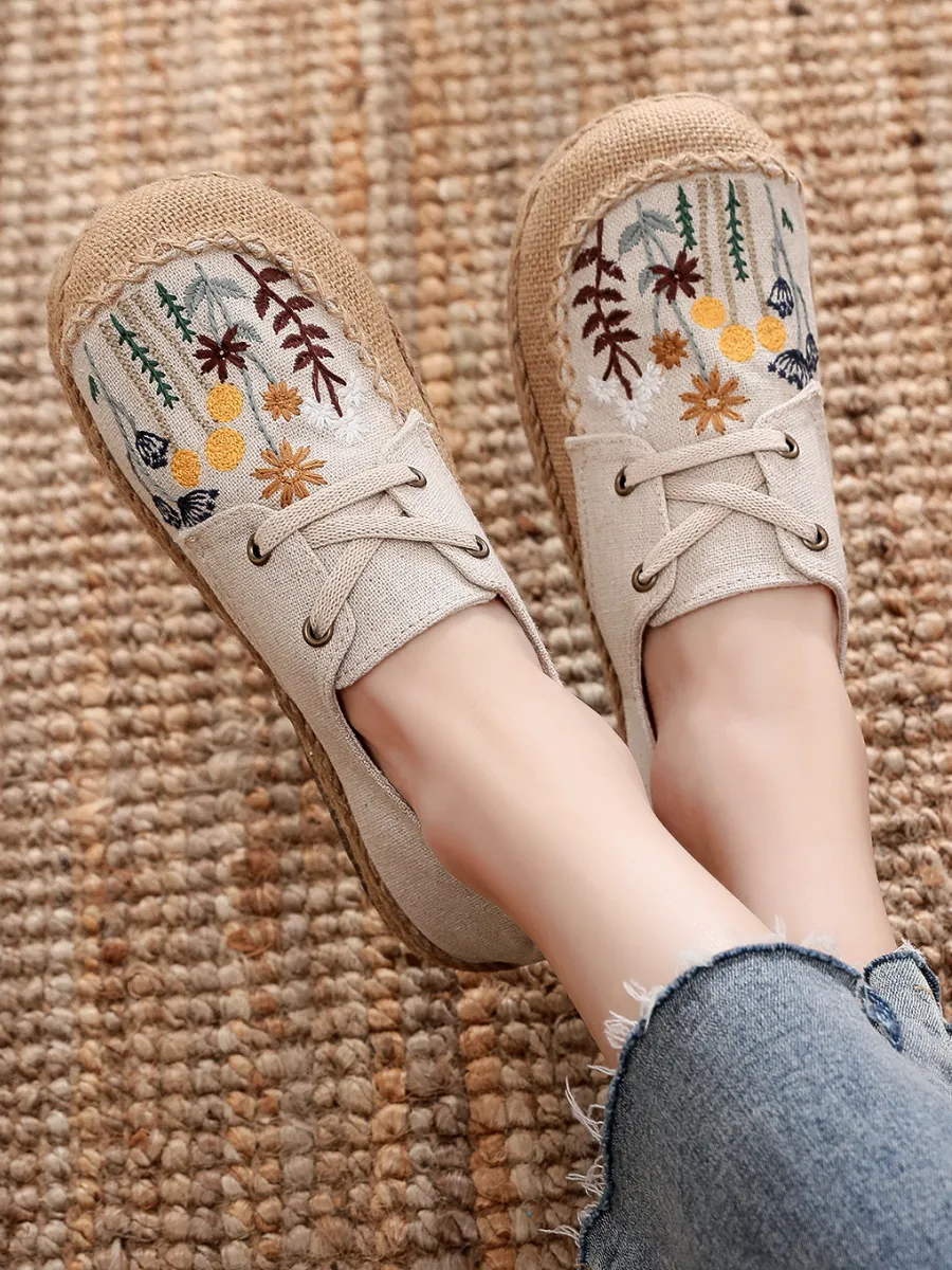 Garden Embroidered Linen Boat Shoes Espadrilles - Beige