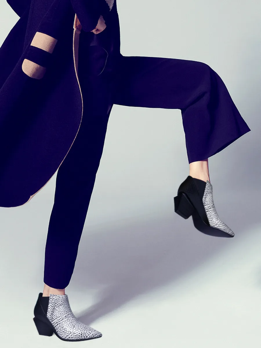 Geometry-Heel Textile Contrast Color Ankle Leather Boots