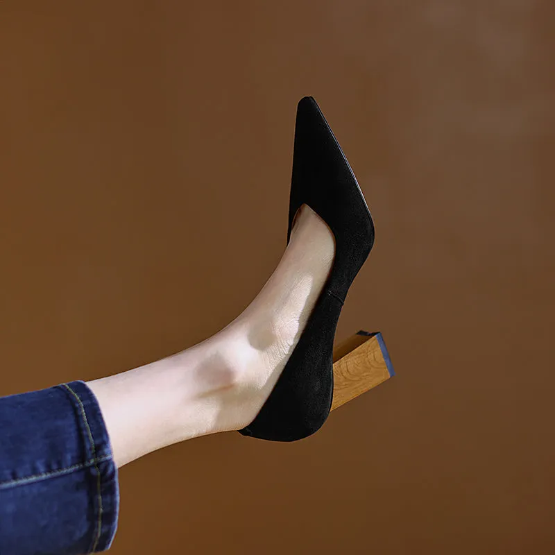 Hana Pointed Toe Block Heeled Pumps Black