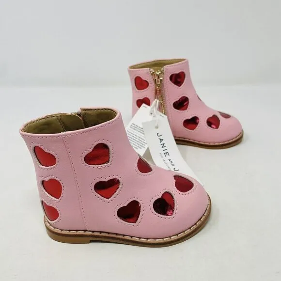 Janie &amp; Jack Baby Girls Size 4 Metallic Heart Ankle Booties in Pink/Red $79