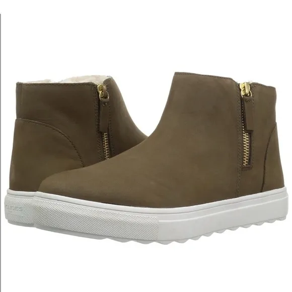 J/SLIDES Poppy Ankle Boot Waterproof Nubuck Khaki Fur Lined Size 8.5 New In Box