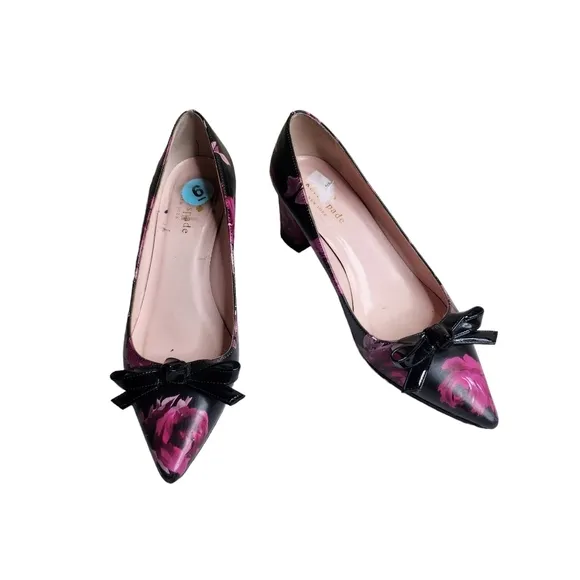 Kate Spade Madelaine women's floral print bow block heel pointed toe pumps Sz 6