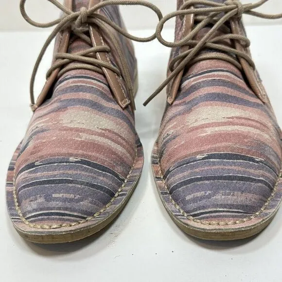 Kelsi Dagger Brooklyn Pink Blue Canvas Lace up Flat Bootie Ankle Boot 7 EUC