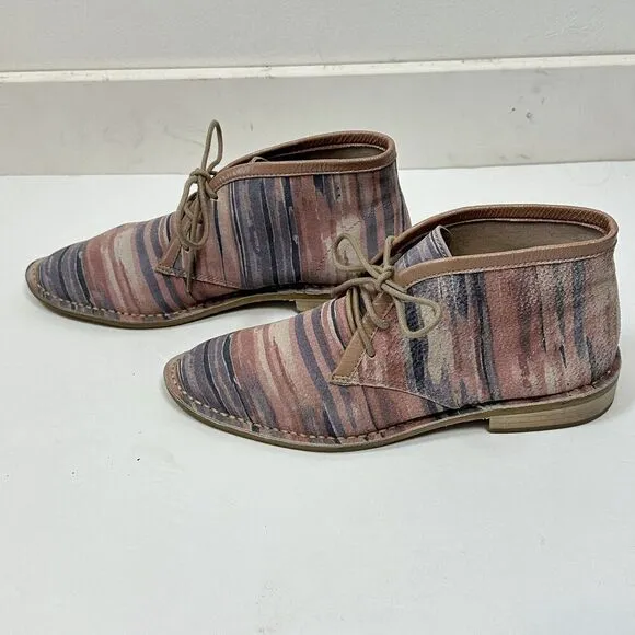 Kelsi Dagger Brooklyn Pink Blue Canvas Lace up Flat Bootie Ankle Boot 7 EUC