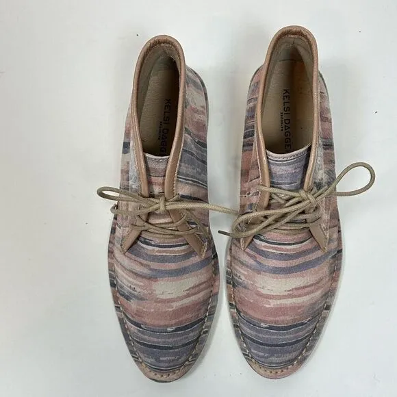 Kelsi Dagger Brooklyn Pink Blue Canvas Lace up Flat Bootie Ankle Boot 7 EUC