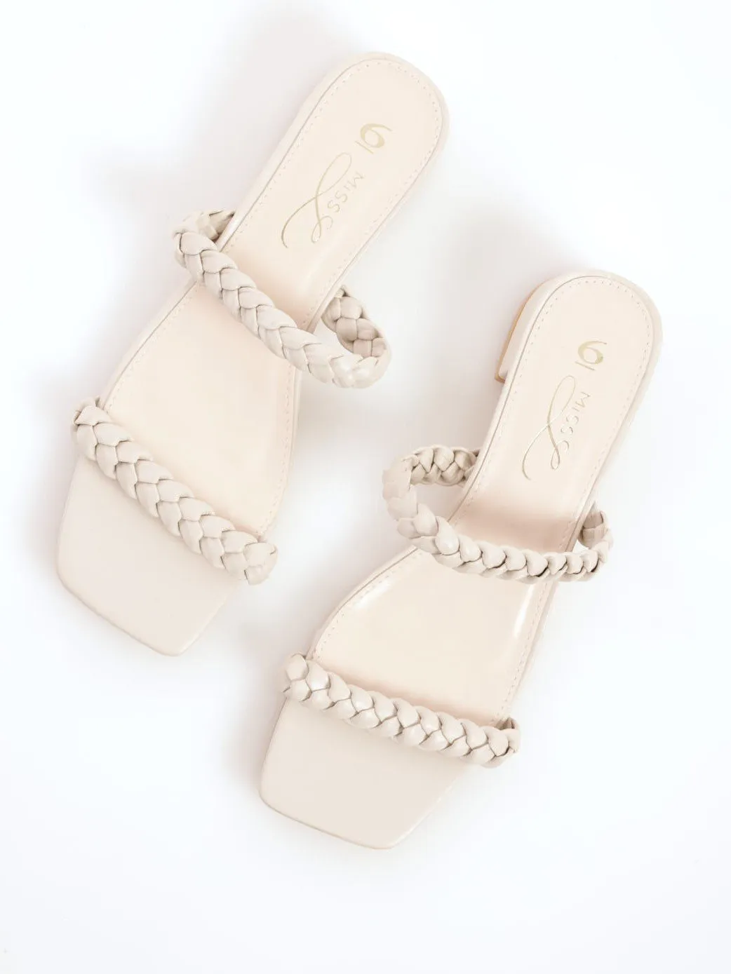 Ladies Plaited Double Strap Mule On Stacked Heel - Bone
