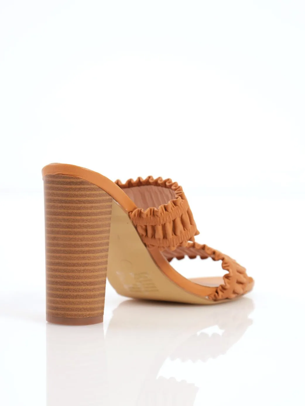 Ladies Rouched Double Strap Hi-Block Stacked Heel - Tan