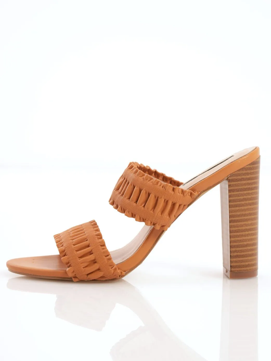 Ladies Rouched Double Strap Hi-Block Stacked Heel - Tan