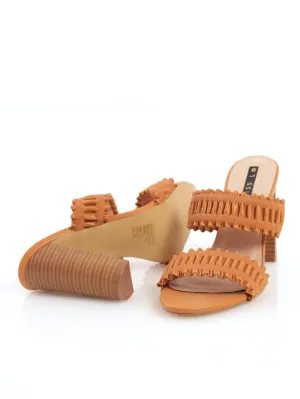 Ladies Rouched Double Strap Hi-Block Stacked Heel - Tan