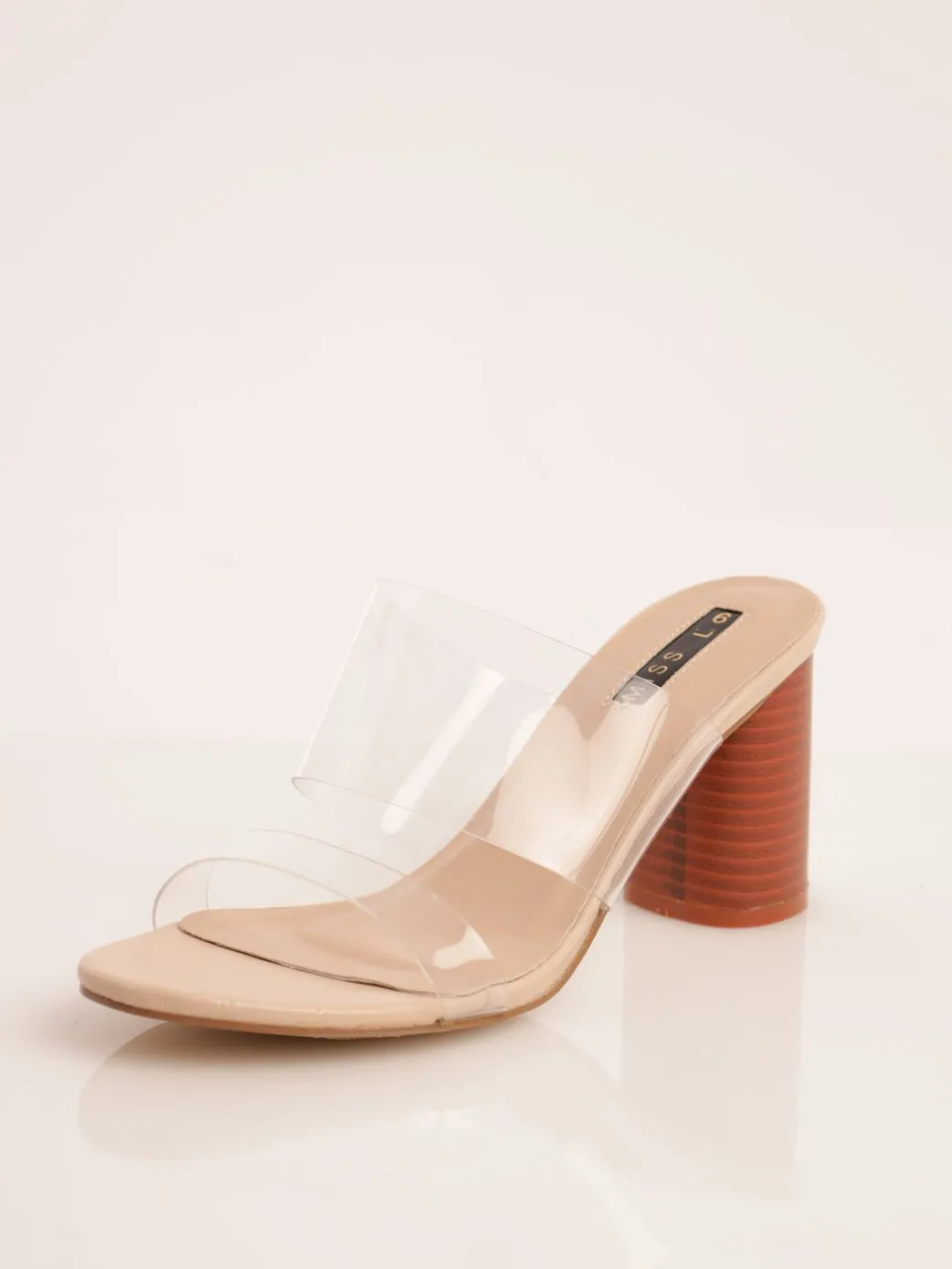Ladies Vinyl Cylinder Stacked High Heel - Clear