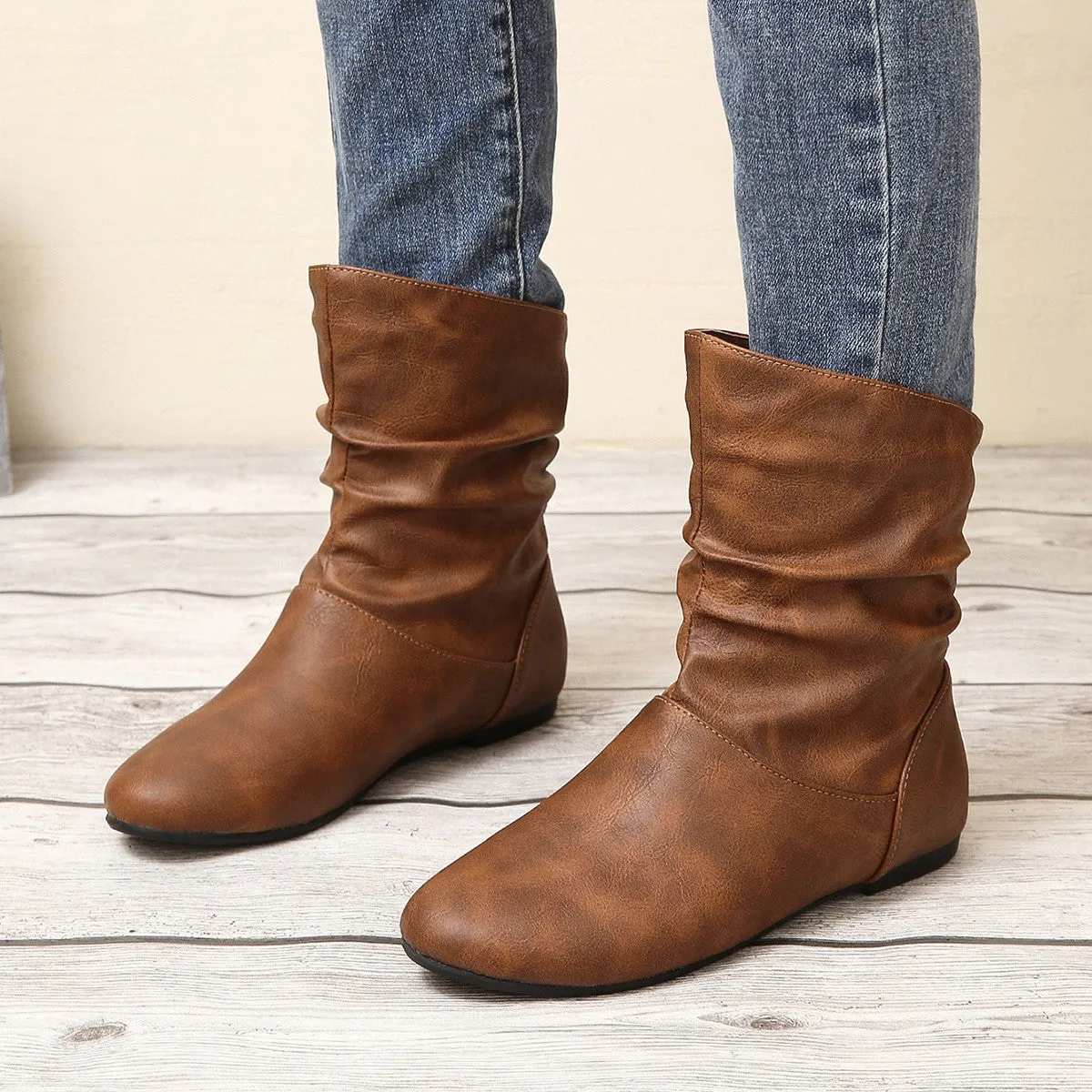 Leather Flat All-match Short Boots Women