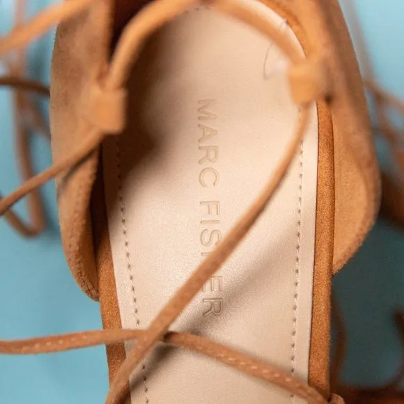 LIKE NEW Marc Fisher Tamya Camel Tan Pointed Toe Lace Up Leg Pump Heels Size 10