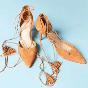 LIKE NEW Marc Fisher Tamya Camel Tan Pointed Toe Lace Up Leg Pump Heels Size 10