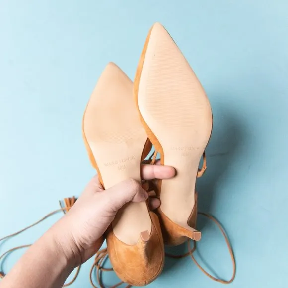 LIKE NEW Marc Fisher Tamya Camel Tan Pointed Toe Lace Up Leg Pump Heels Size 10