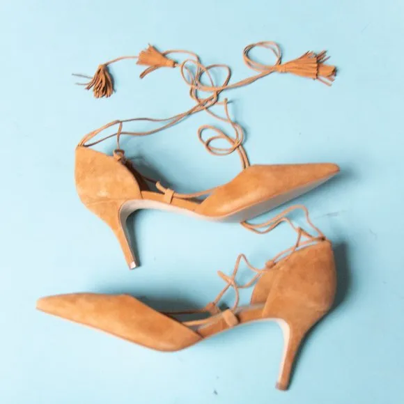 LIKE NEW Marc Fisher Tamya Camel Tan Pointed Toe Lace Up Leg Pump Heels Size 10