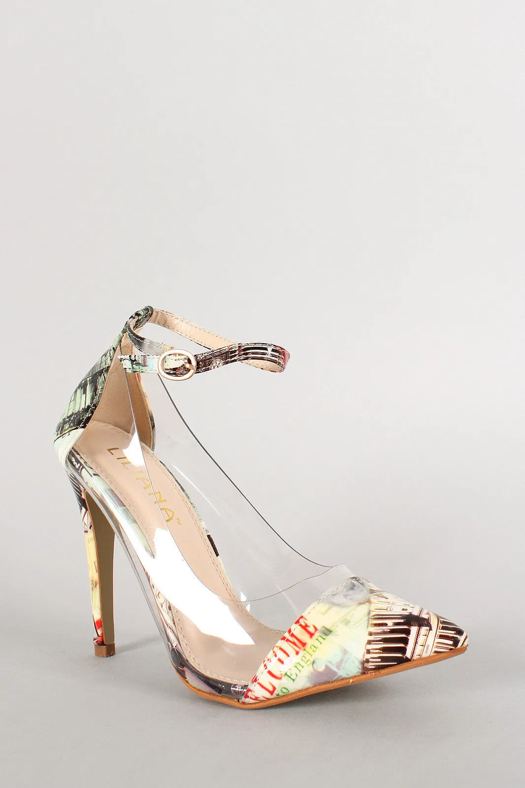 Liliana Graphic Print Lucite Pointy Toe Ankle Strap Pump