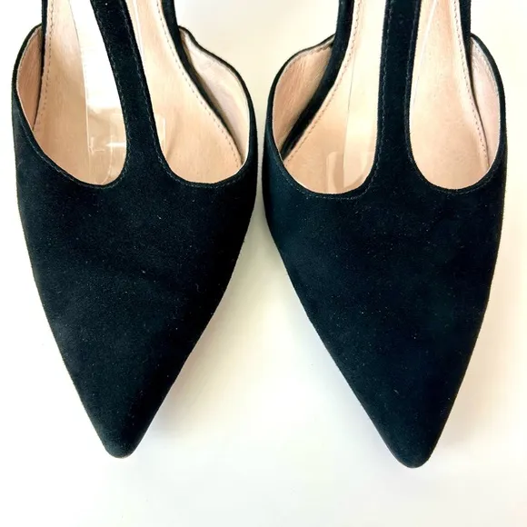 Louise et Cie Taite T-Strap Pump High Heels Black Suede Chain Detail 9.5 / 41