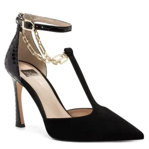 Louise et Cie Taite T-Strap Pump High Heels Black Suede Chain Detail 9.5 / 41