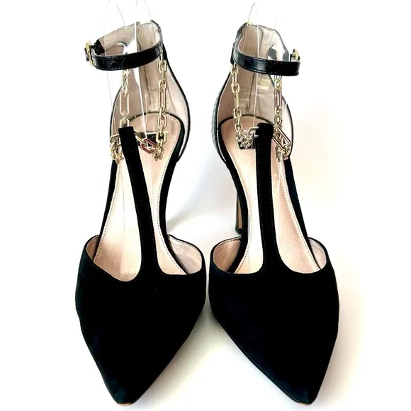 Louise et Cie Taite T-Strap Pump High Heels Black Suede Chain Detail 9.5 / 41