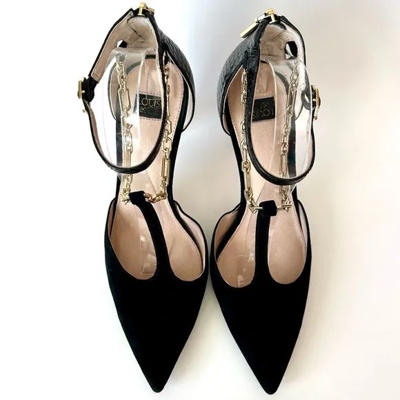 Louise et Cie Taite T-Strap Pump High Heels Black Suede Chain Detail 9.5 / 41