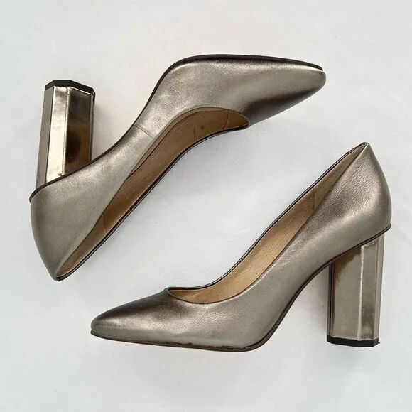 Louise et Cie Landon Gunmetal Leather Metallic Column Heel Pointed Toe Pumps 8.5