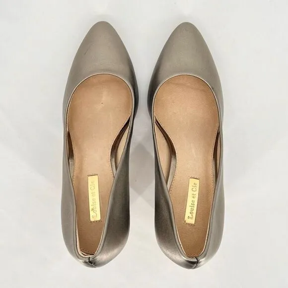 Louise et Cie Landon Gunmetal Leather Metallic Column Heel Pointed Toe Pumps 8.5