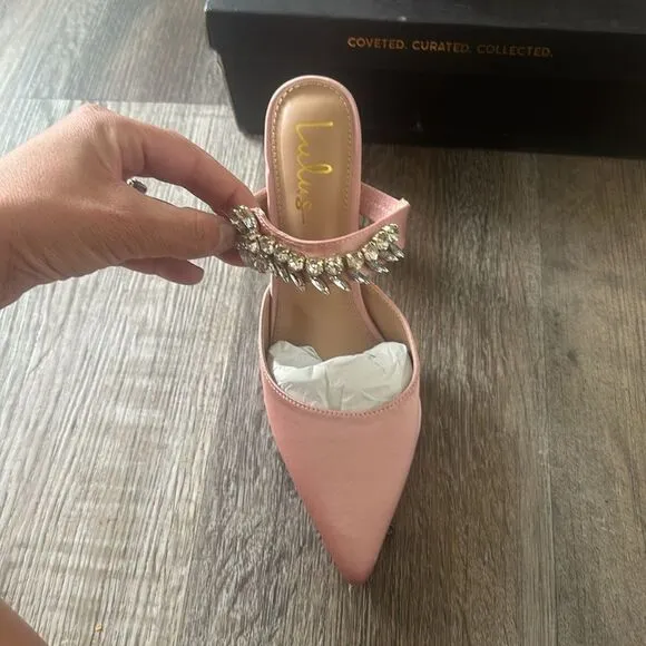 Lulus Floresa Rose Gold Satin Rhinestone Pointed-Toe Mule Pumps Women's Size 8