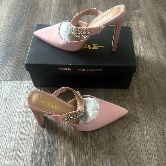 Lulus Floresa Rose Gold Satin Rhinestone Pointed-Toe Mule Pumps Women's Size 8