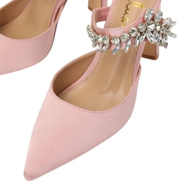 Lulus Floresa Rose Gold Satin Rhinestone Pointed-Toe Mule Pumps Women's Size 8