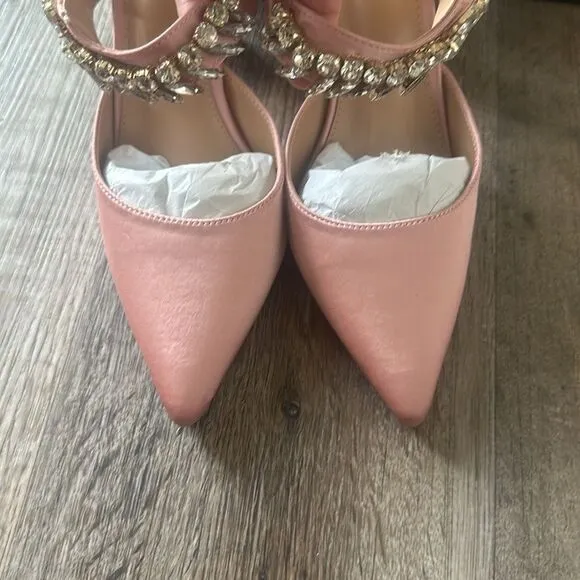 Lulus Floresa Rose Gold Satin Rhinestone Pointed-Toe Mule Pumps Women's Size 8