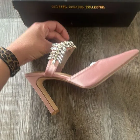 Lulus Floresa Rose Gold Satin Rhinestone Pointed-Toe Mule Pumps Women's Size 8